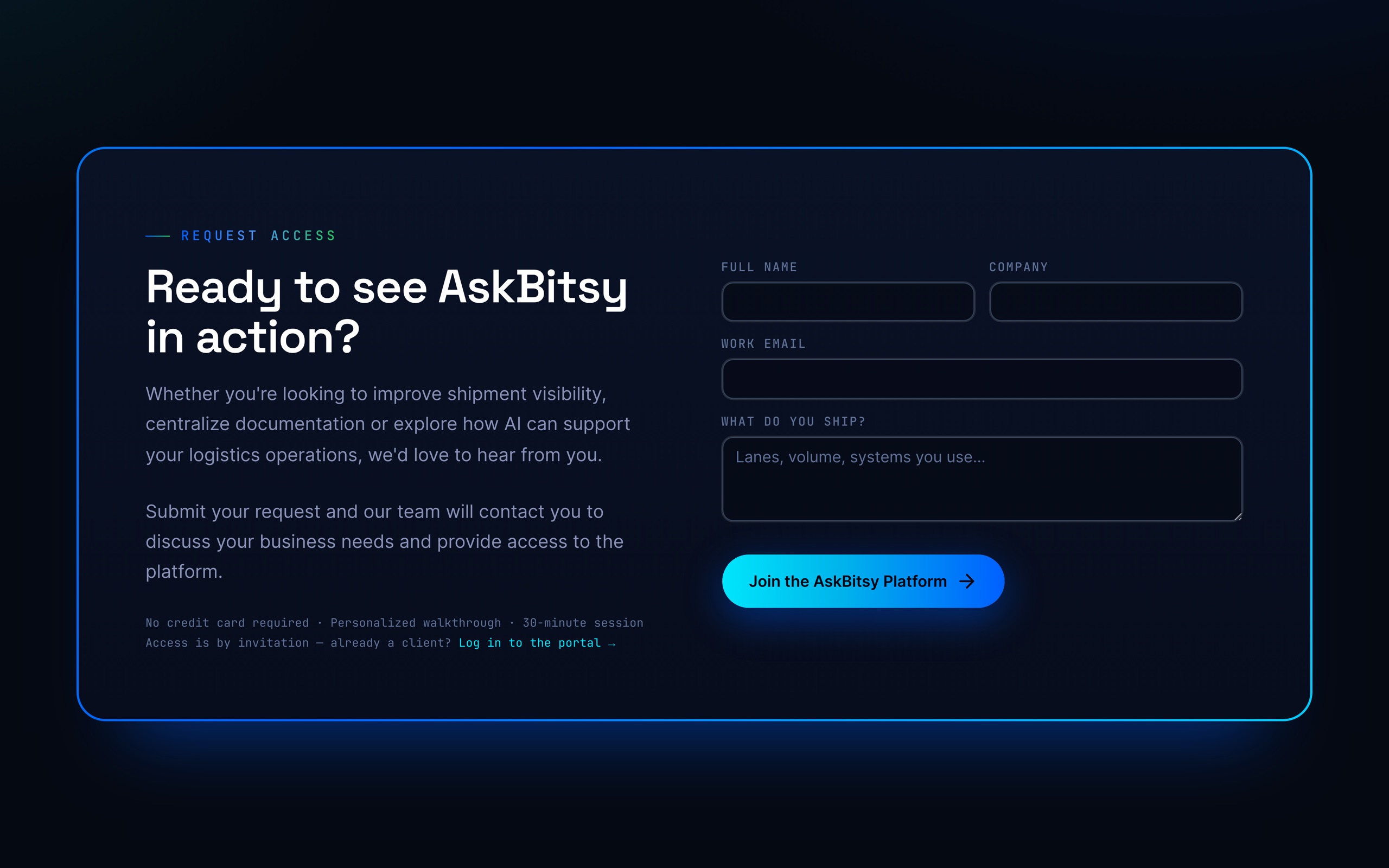 The request-access form section on the page