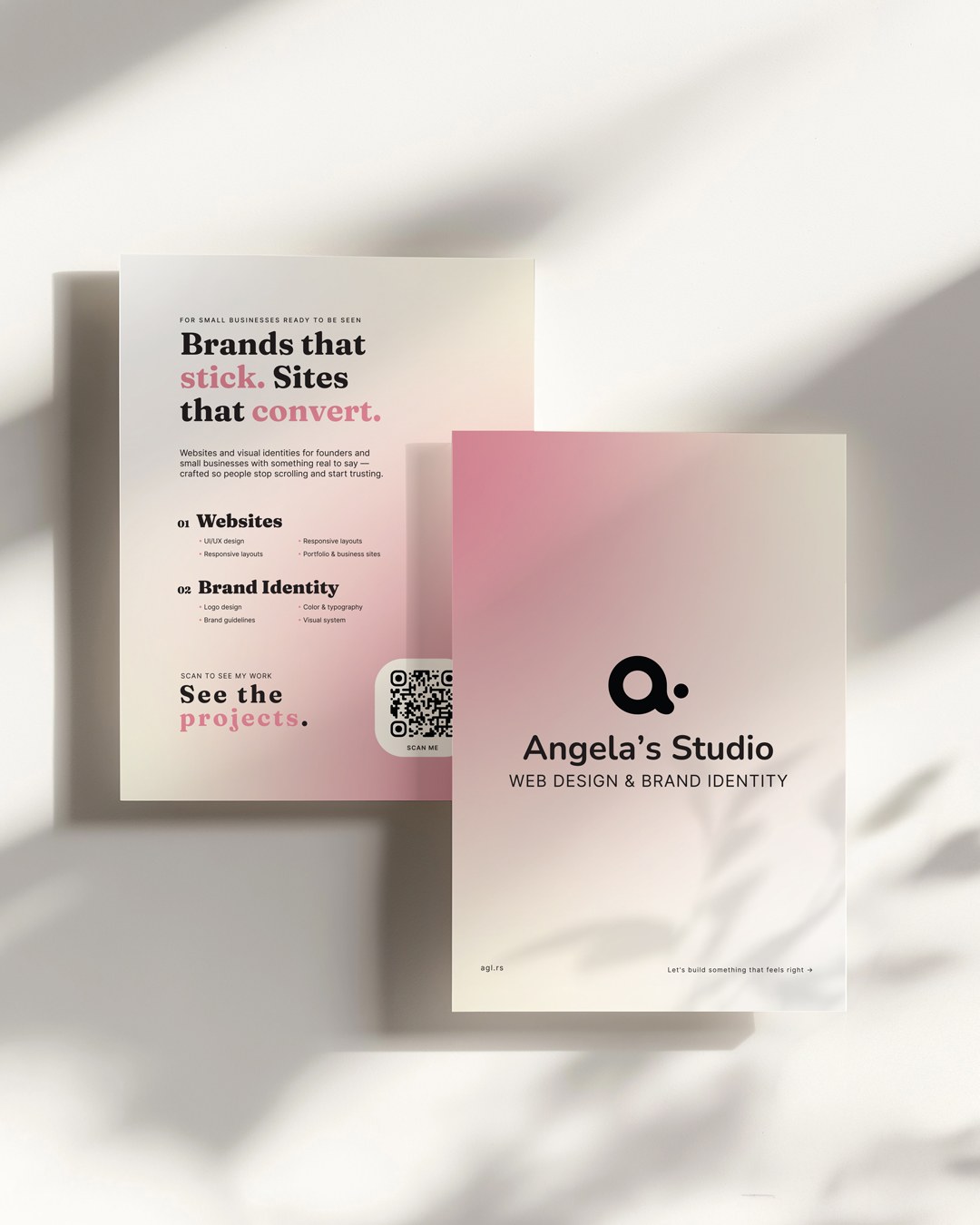 The flyer, both sides — the studio wordmark on a pink gradient, and the services page behind it with its scan code.